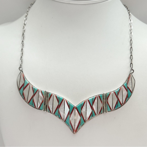 Vintage Signed Zuni Turquoise Mother Pearl Coral Inlay Sterling Silver Necklace - Picture 1 of 15